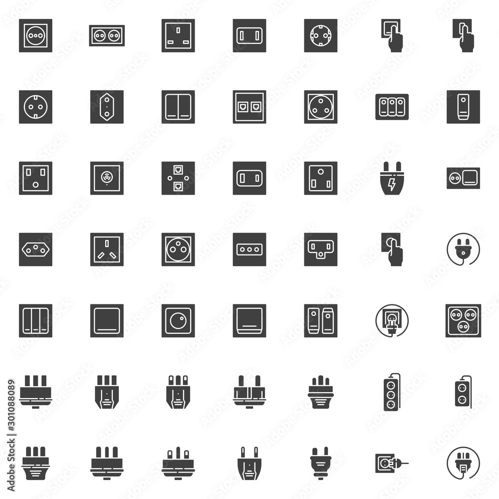 Electric plug and socket vector icons set, modern solid symbol collection, filled style pictogram pack. Signs, logo illustration. Set includes icons as power switch type, electrical socket, toggle
