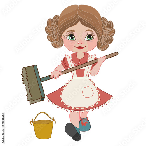 a cleaning girl, dressed in a pink dress and a white apron, is holding a brush in her hands, and next to it is a yellow bucket, color clip art on a white isolated background