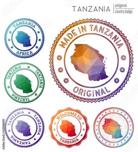 Tanzania badge. Colorful polygonal country symbol. Multicolored geometric Tanzania logos set. Vector illustration.
