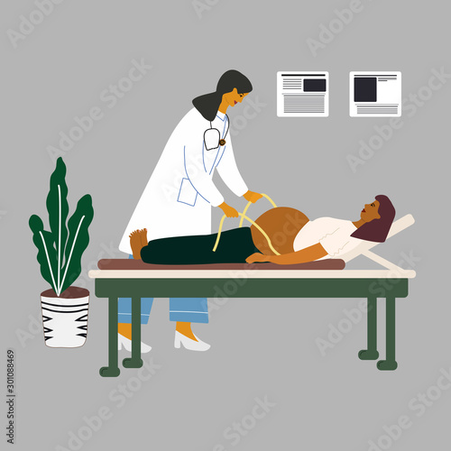 Healthy pregnancy concept. Doctor examining a pregnant woman. Obstetrican gynecologist measuring the tummy with measuring tape of her pregnant patient. Flat colorful vector illustration.