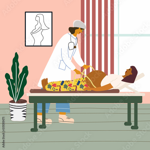 Healthy pregnancy concept. Doctor examining a pregnant woman at the clinic. Obstetrican gynecologist measuring the tummy with measuring tape of her pregnant patient. Flat colorful vector illustration