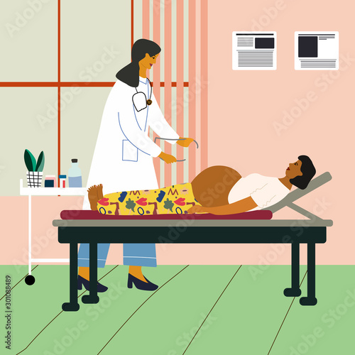 Healthy pregnancy concept. Doctor examining a pregnant woman at the clinic. Obstetrican gynecologist measuring pelvis size. Flat colorful vector illustration.