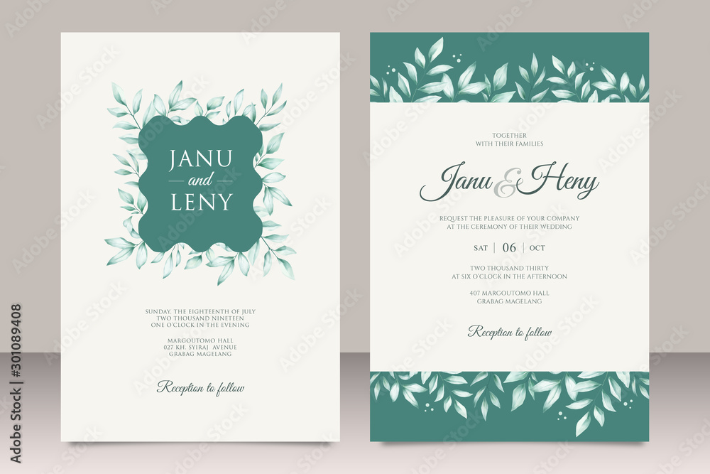 Green floral wedding invitation template watercolor