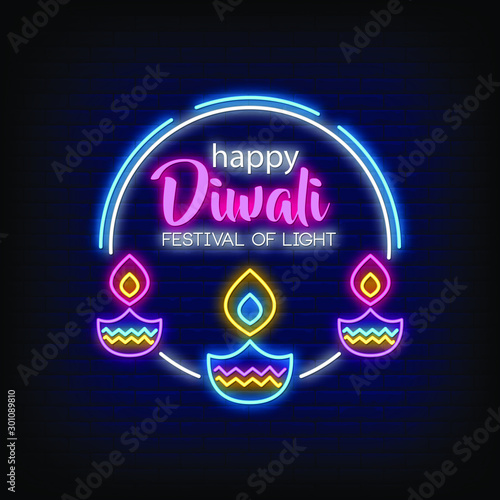 Happy Diwali Neon Signs Style Text Vector