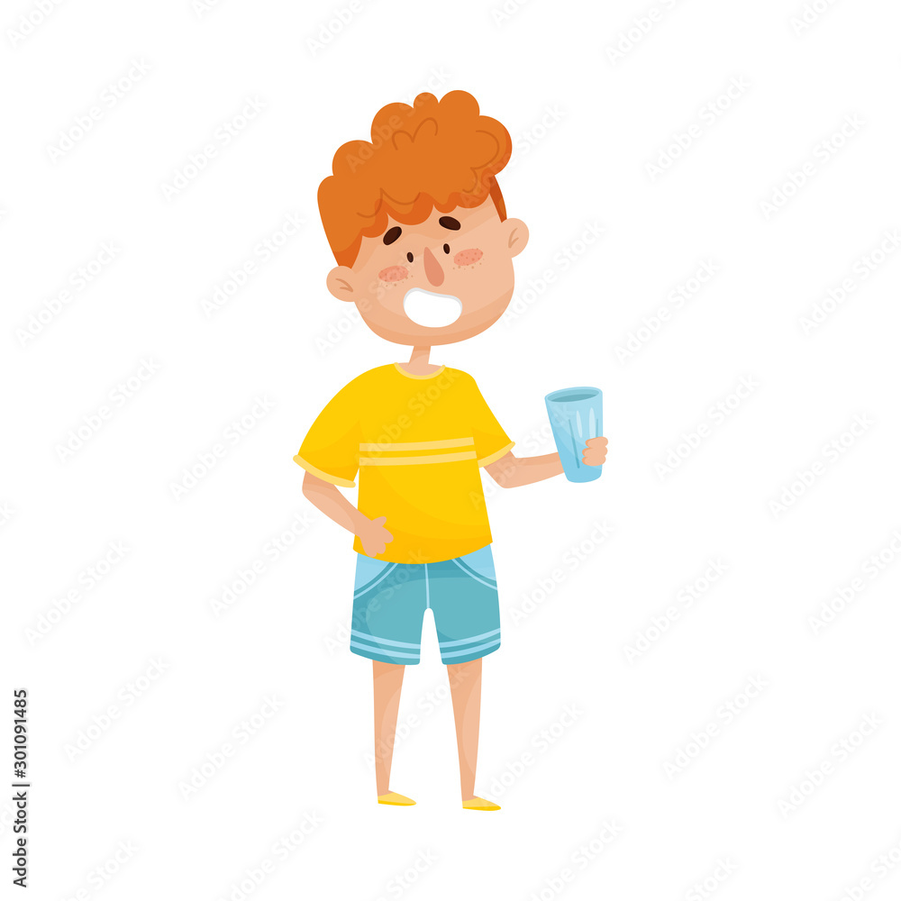 Young Red-haired Boy Character Standing and Holding Glass with Water in His Hand Vector Illustration.