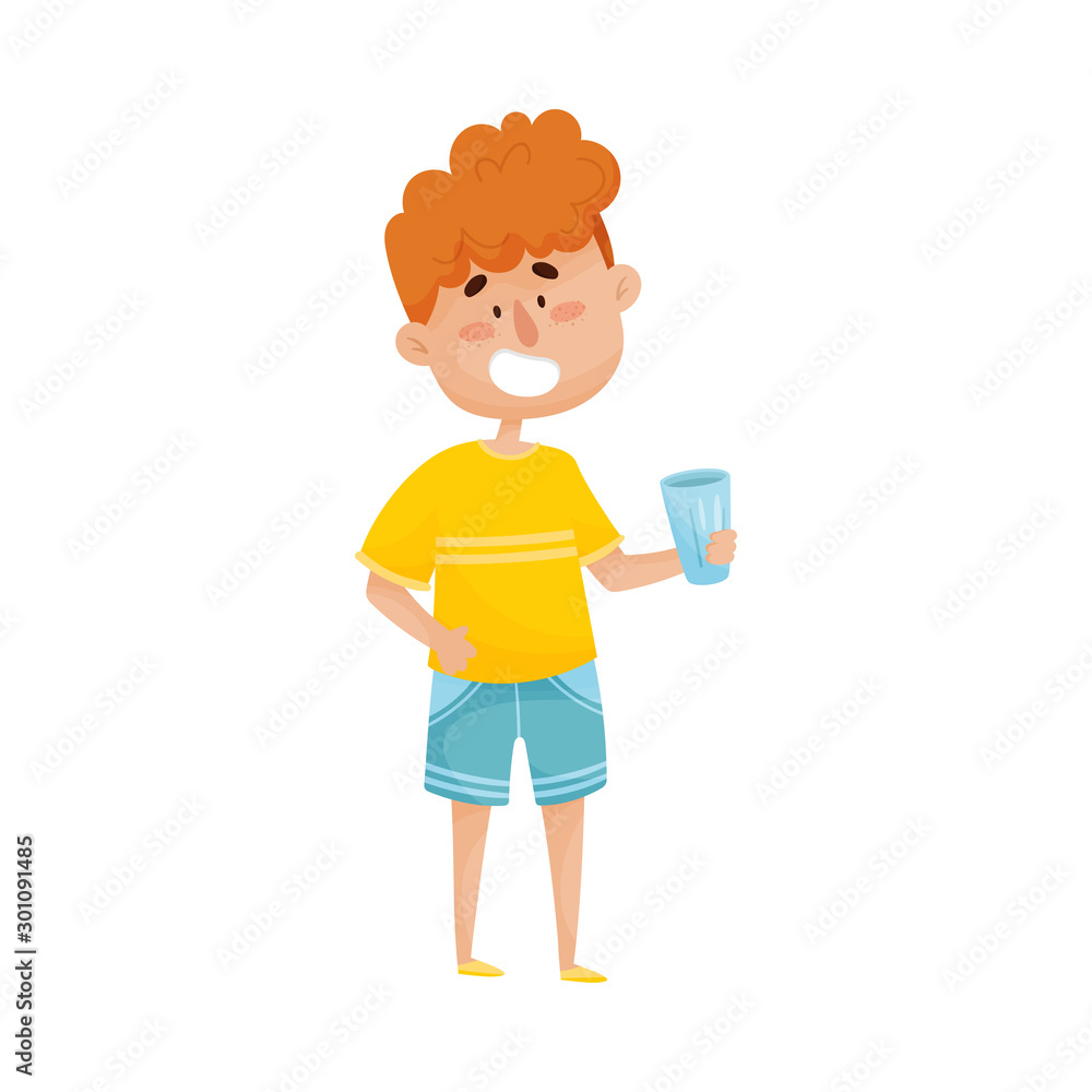 Young Red-haired Boy Character Standing and Holding Glass with Water in His Hand Vector Illustration. Young Red-haired Boy Character Standing and Holding Glass with Water in His Hand Vector Illustration.
