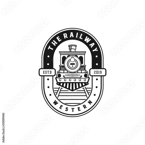 The railway logo design with train icon. Locomotive vintage logo design.