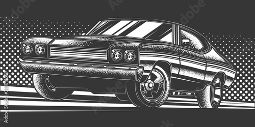 Original monochrome vector illustration. American muscle car on a bright background in the style of 80-90's