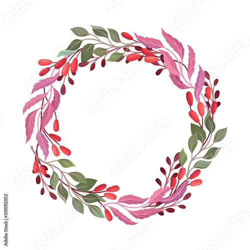 Wreath Ornamental Composition With Berries and Green Branches Vector Element