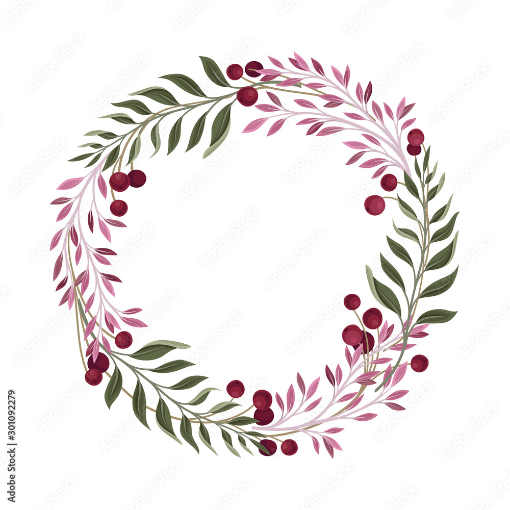 Obraz premium Gathered in Wreath Branches and Berries Vector Decoration