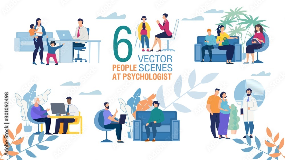 Family Psychologist Work Flat Vector Scenes Set Family Psychologist Work Flat Vector Scenes Set