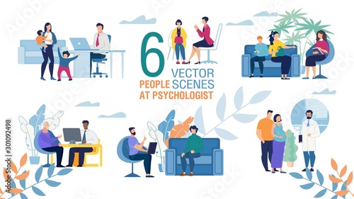 Family Psychologist Work Flat Vector Scenes Set
