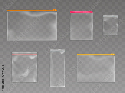 Plastic zip bags set, empty pouches of various sizes and zipper colors isolated on transparent background. Waterproof disposable blank packages mock up. Realistic 3d vector illustration, clip art