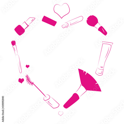 Hand drawn doodle illustration of makeup brushes. Abstract design.Female cosmetics sketch isolated  beauty tools. Concept for beauty salon, cosmetics label, cosmetology procedures, visage , makeup.
