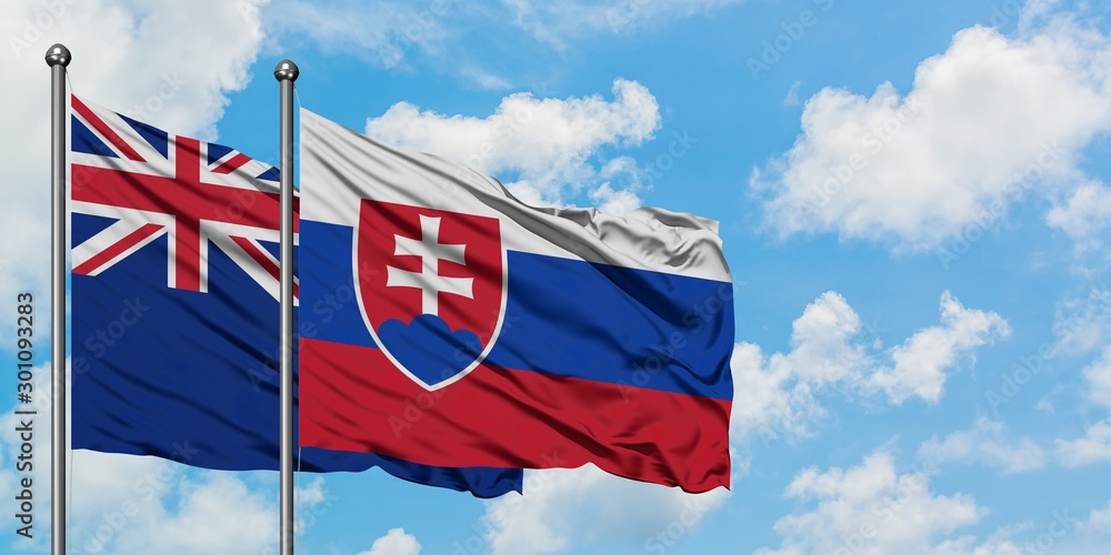 New Zealand and Slovakia flag waving in the wind against white cloudy blue sky together. Diplomacy concept, international relations.