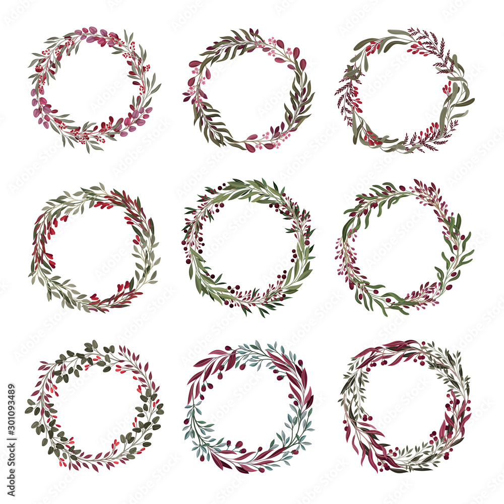 Branches With Berries Gathered Together in a Shape of Wreath Vector Set