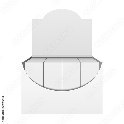 Mockup Display Holder Box Cardboard Filled Blank With Package, Gift, Square Pack. Vitamins, Cosmetic, Perfume, Chocolate. Mock Up, Template. Products On White Background Isolated. Mockup Packing.