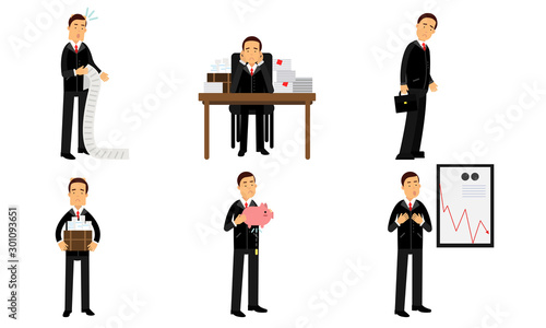 Failures Of An Office Worker. Presentation Of The Company Financial Declining Diagram Vector Illustration Set Isolated On White Background