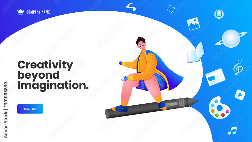 Web banner or landing page design, Beyond imagination of flying man from pencil with book, color palette, music note, image and planet on blue and white background.