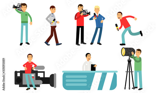 Cameraman Filming Interviews and Breaking News Release On Street And In Studio Vector Illustration Set Isolated On White Background