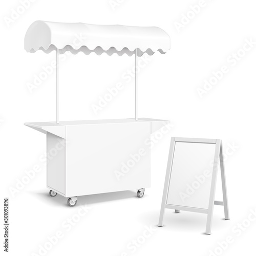 White POS POI Blank Empty Retail Stand Stall Mobile Bar Display With Roof, Canopy, Banner. Fast Food. On White Background Isolated. Mock Up Template Ready For Your Design. Product Packing Vector EPS10
