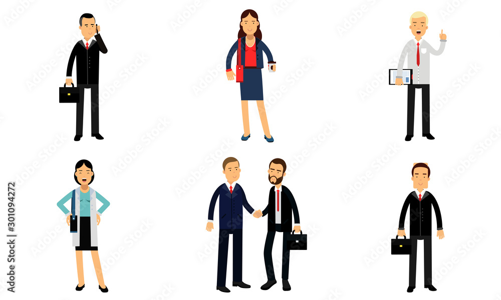 People In Business Present Financial Reports, Participate In Commercial Projects Vector Illustration Set Isolated On White Background