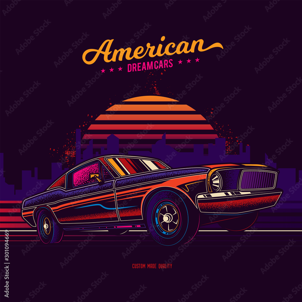 Original vector retro print. Vintage car on the background of the city.  American muscle car. T-shirt design Stock Vector | Adobe Stock