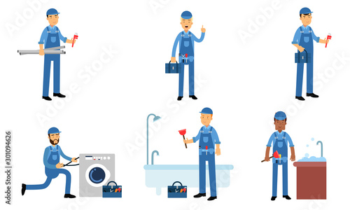 Plumbers Service In Daily Work Of Repairing Water Supplies Vector Illustration Set Isolated On White Background