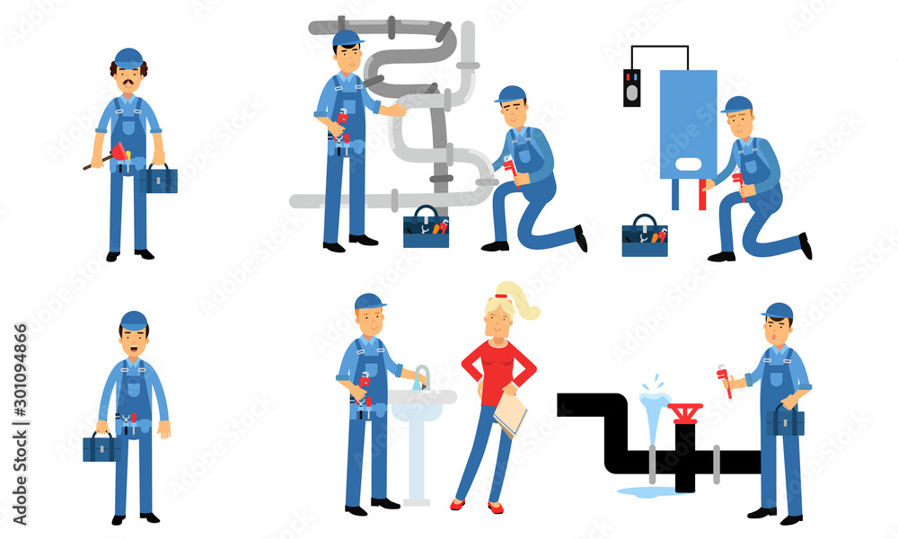 Plumbing Emergency Service Fixes Sink And Pipes, Installs Boilers Vector Illustration Set Isolated On White Background
