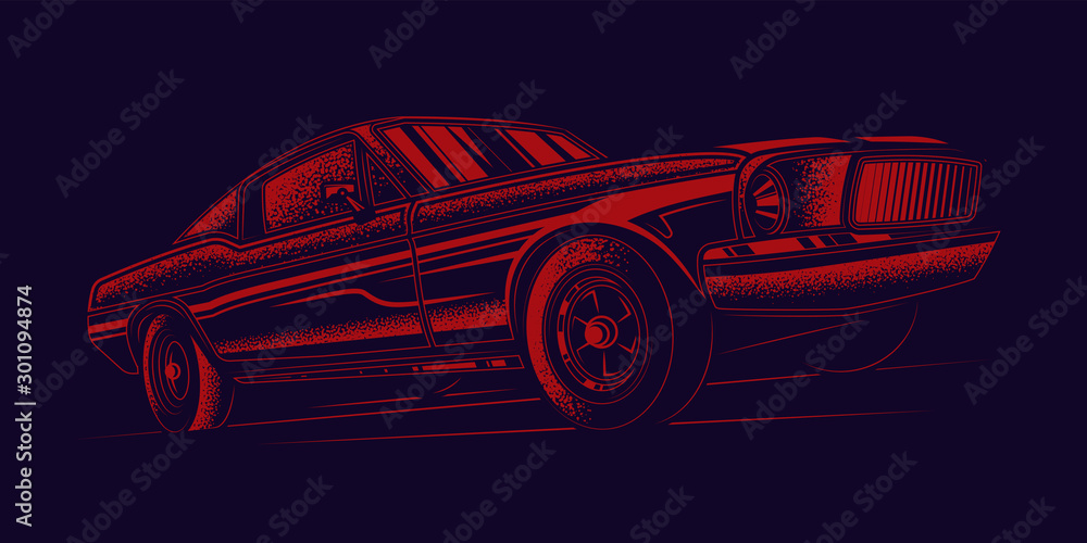 Fototapeta premium Original vector retro print car rides on the road. T-shirt design