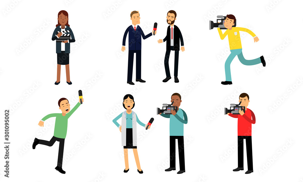 Journalists And Cameraman Filming News Or Movie. Assistant director With Clapperboard Vector Illustration Set Isolated On White Background Journalists And Cameraman Filming News Or Movie. Assistant director With Clapperboard Vector Illustration Set Isolated On White Background