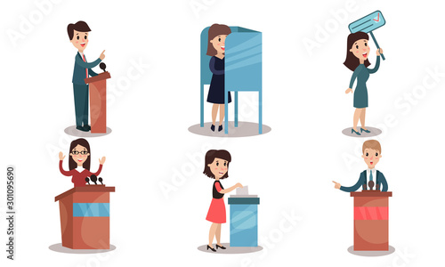 Politicians Participate in the Campaign. Voters Casting Ballots At Polling Place Vector Illustration Set Isolated On White Background