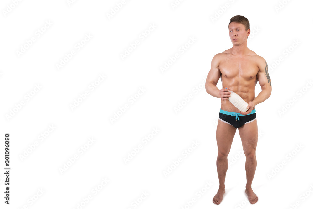 Sports nutrition and healthy lifestyle. Man with athletic body. Sports nutrition and healthy lifestyle. Man with athletic body.