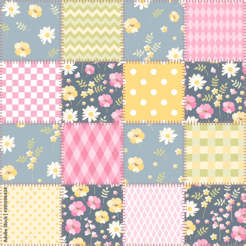 Patchwork seamless pattern in country style. Square patches with flowers and geometric ornaments. Print for fabric and textile.