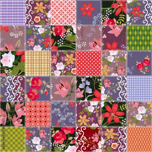 Beautiful seamless patchwork pattern with rose and lily flowers. Colorful quilting design from stitched squares.