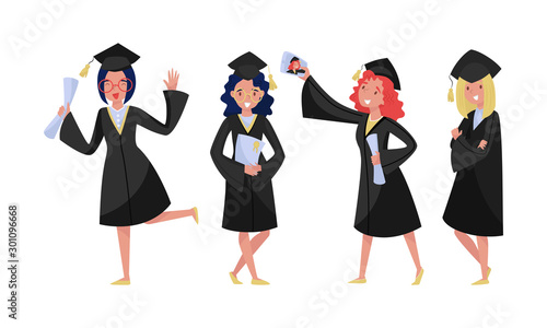 Cute Graduate Girls In Traditional Academic Clothes Vector Illustration Set Isolated On White Background