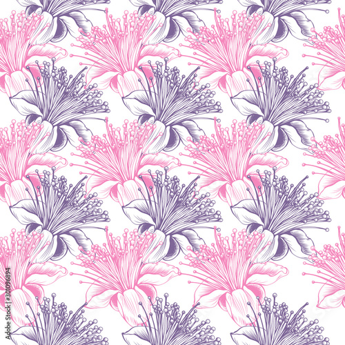 feijoa flower seamless vector pattern. Pink and Violet romantic colors floral pattern for valentines day love design. Fabric textile surface or backdrop