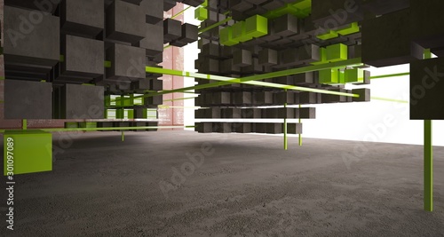 Abstract architectural concrete and rusted metal interior of cubes  . 3D illustration and rendering.