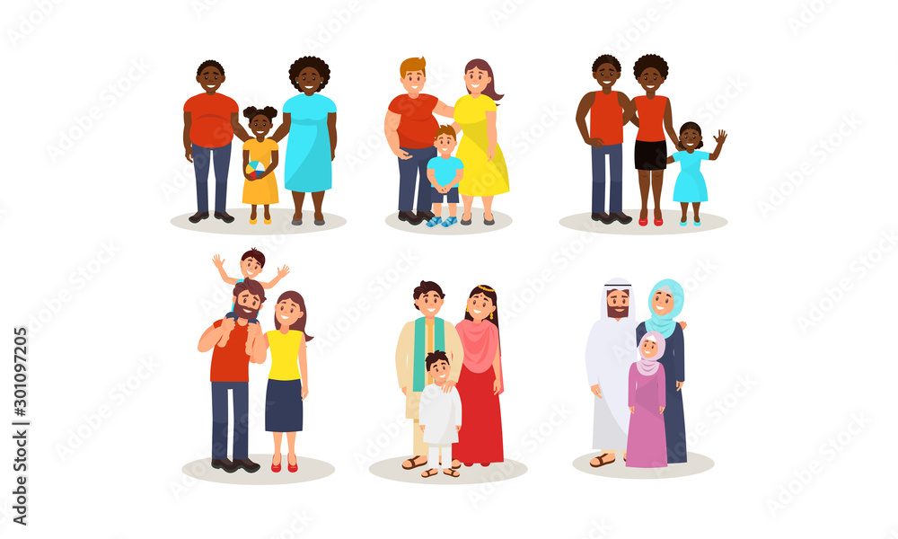 Set With Different Ethnic Families With Husband, Wife And One Child Vector Illustration