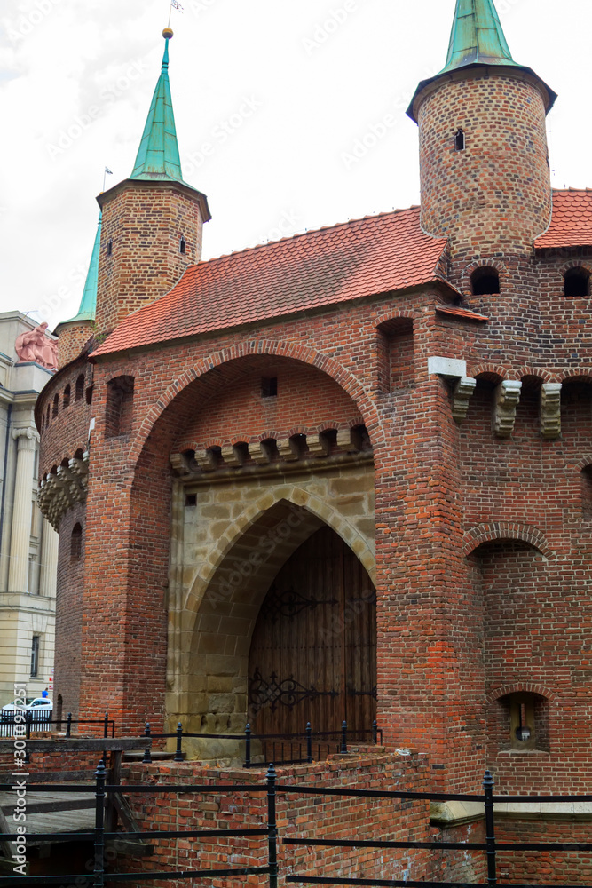 Partial view of the Krakow's Barbican city gate, Poland
