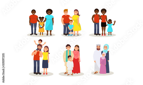 Set With Different Ethnic Families With Husband, Wife And One Child Vector Illustration