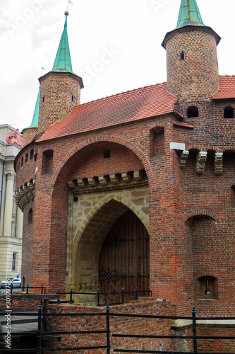 Partial view of the Krakow's Barbican city gate, Poland