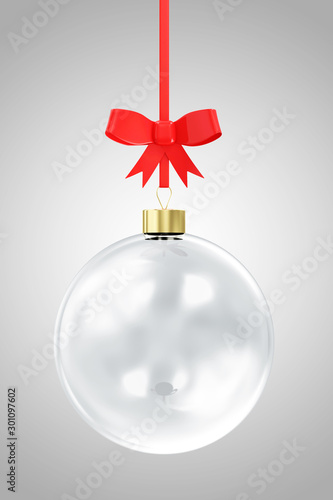 Empty Blue Glass Christmas Ball with Red Bow on gradient background