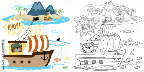 vector cartoon of sailboat with cute sailor in the ocean on island background, coloring book or page