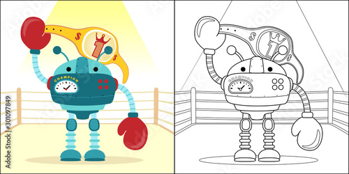 vector cartoon of robot on ring with boxing belt , coloring book or page