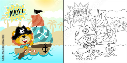 vector cartoon of cute pirate on sailboat, coloring book or page