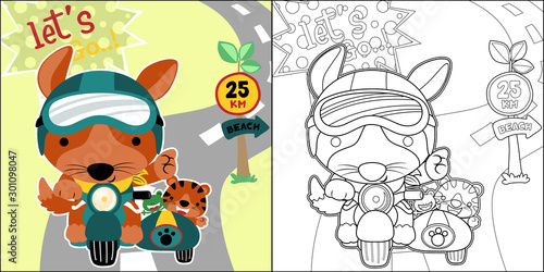 vector cartoon of funny animals on motorcycle, fox with little friends. coloring book or page