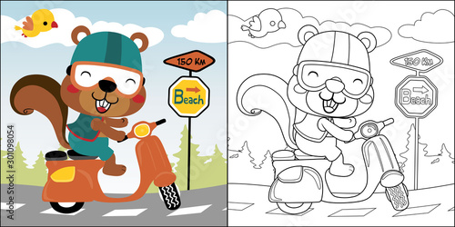 vector cartoon of riding scooter with squirrel and bird, coloring book or page