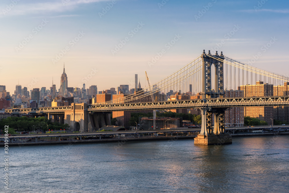 New York City - beautiful view of Manhattan at sunset with Manhattan bridge, NY