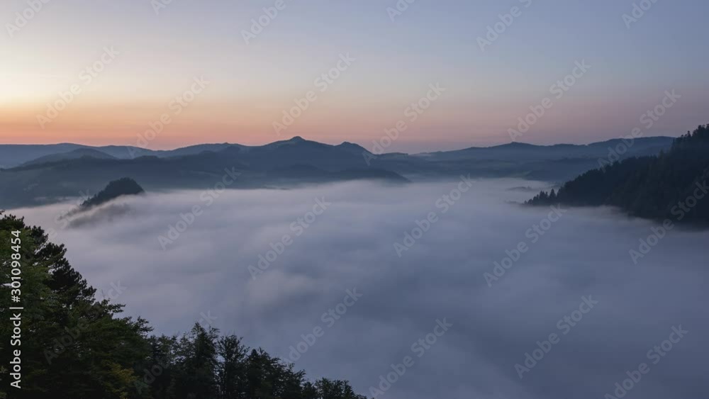 Sea of clouds over Dunajec River Gorge just before sunrise. Video with camera motion. Sea of clouds over Dunajec River Gorge just before sunrise. Video with camera motion.
